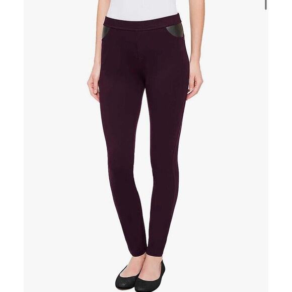 DKNY Burgundy Leggings Size L Faux Leather Trim Pull-On Pants Faux Pockets NWT - Picture 1 of 9